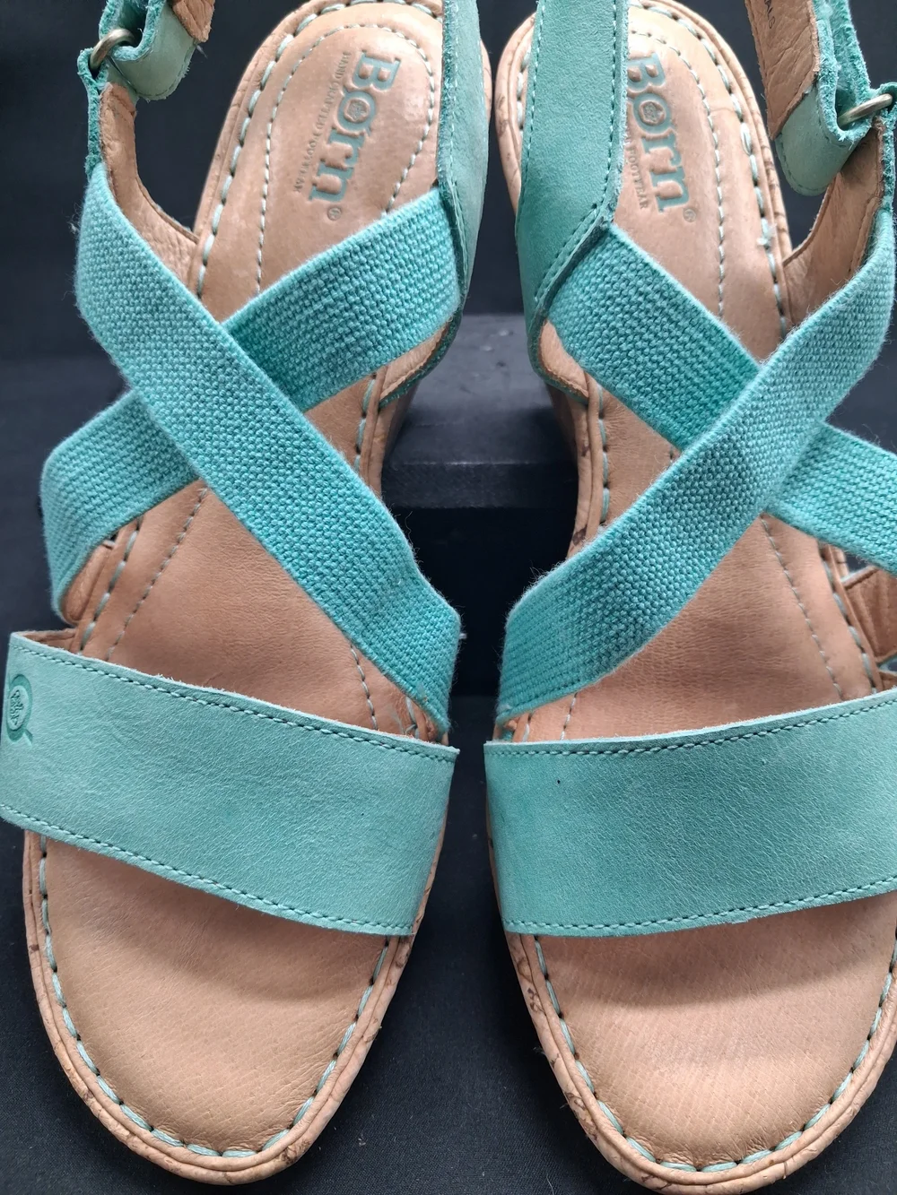 Born Teal Cross-Strap Women's Sandals. Leather And Canvas.  Beautiful Color